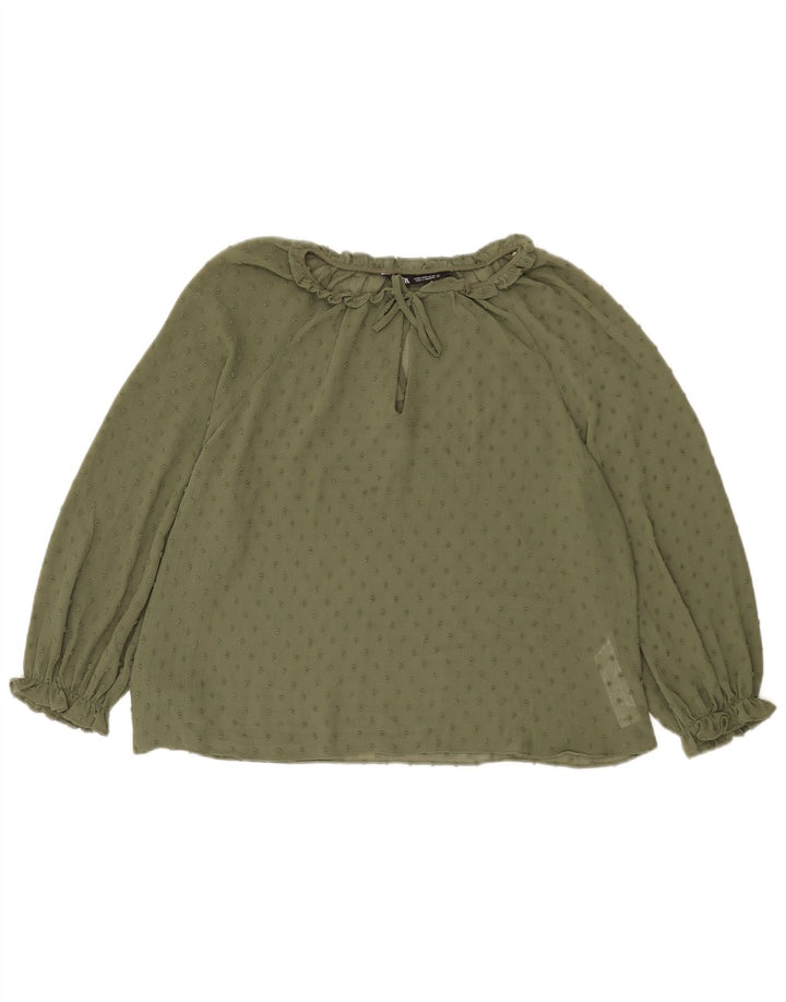 Zara Dame Gennemsigtig 3/4-ærmet bluse Top UK 14 Medium Khaki Plettet