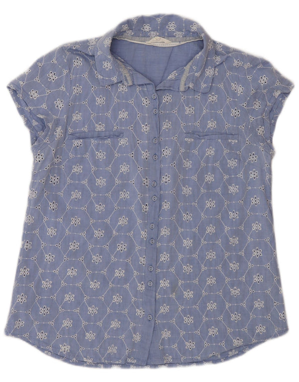 White Stuff Kortærmet skjorte til kvinder UK 12 Medium Blue Floral Cotton