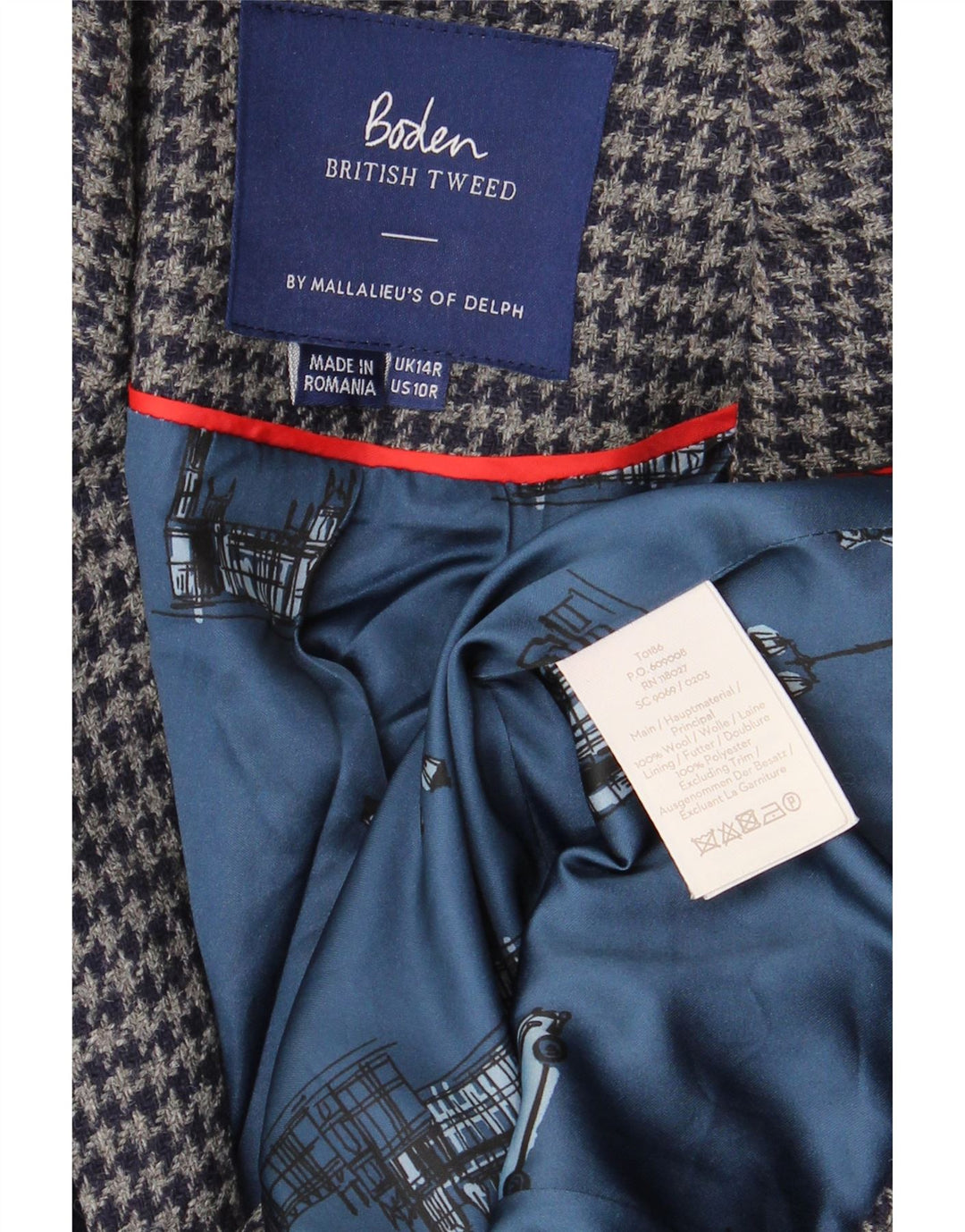 BODEN Dame 1-knap blazerjakke UK 14 Stor marineblå Houndstooth Uld