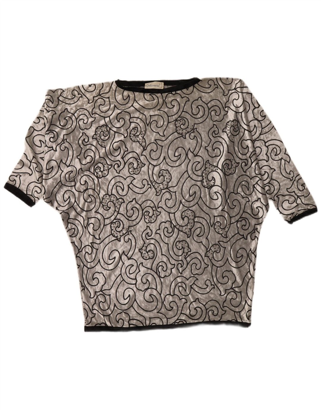 VINTAGE Dame Batwing Velvet Tunika Top UK 22 3XL Sølv Geometrisk Viscose