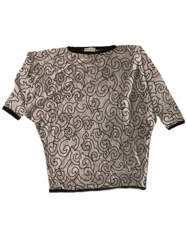 VINTAGE Dame Batwing Velvet Tunika Top UK 22 3XL Sølv Geometrisk Viscose