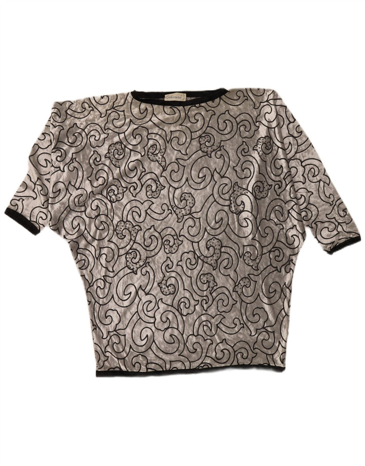 VINTAGE Dame Batwing Velvet Tunika Top UK 22 3XL Sølv Geometrisk Viscose