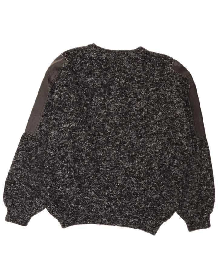 Vintage Mens Crew Neck Jumper Sweater Large Black Patchwork Wool