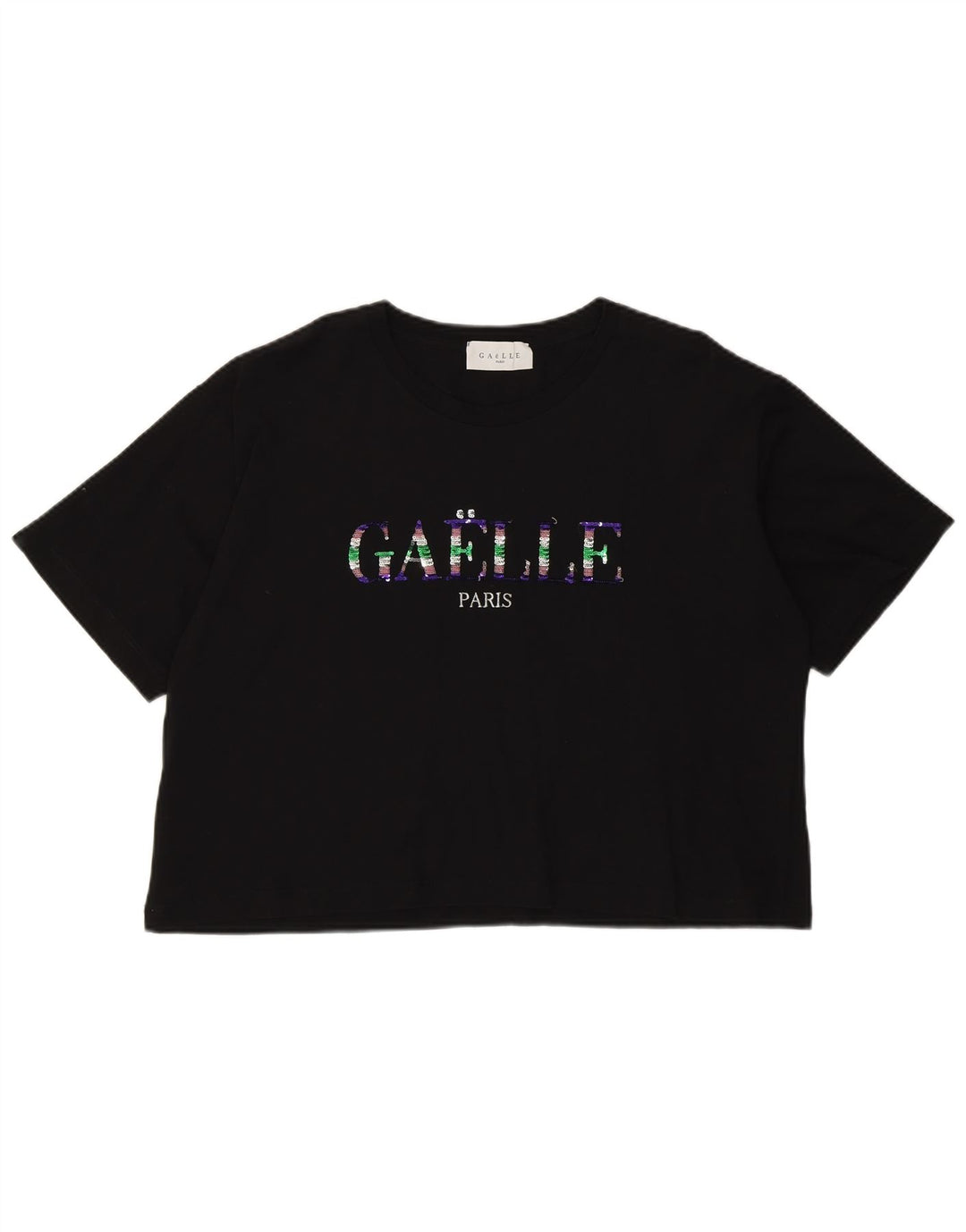 Gaelle Dame Oversized Crop Grafisk T-Shirt Top US 3 XS Sort Bomuld