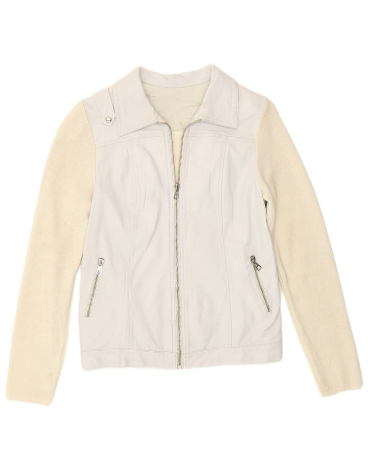 Vintage dame Biker Jacket UK 8 Small Off White Colourblock Acryl