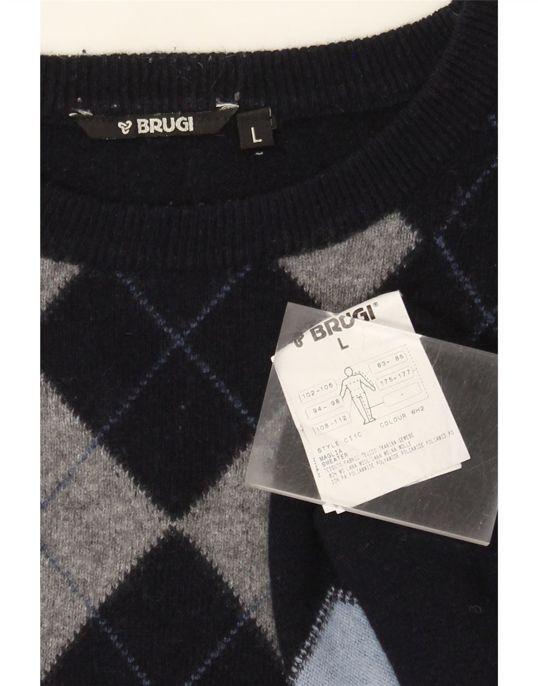 Brugi Herre Crew Neck Jumper Sweater Large Navy Blue Argyle/Diamond Wool