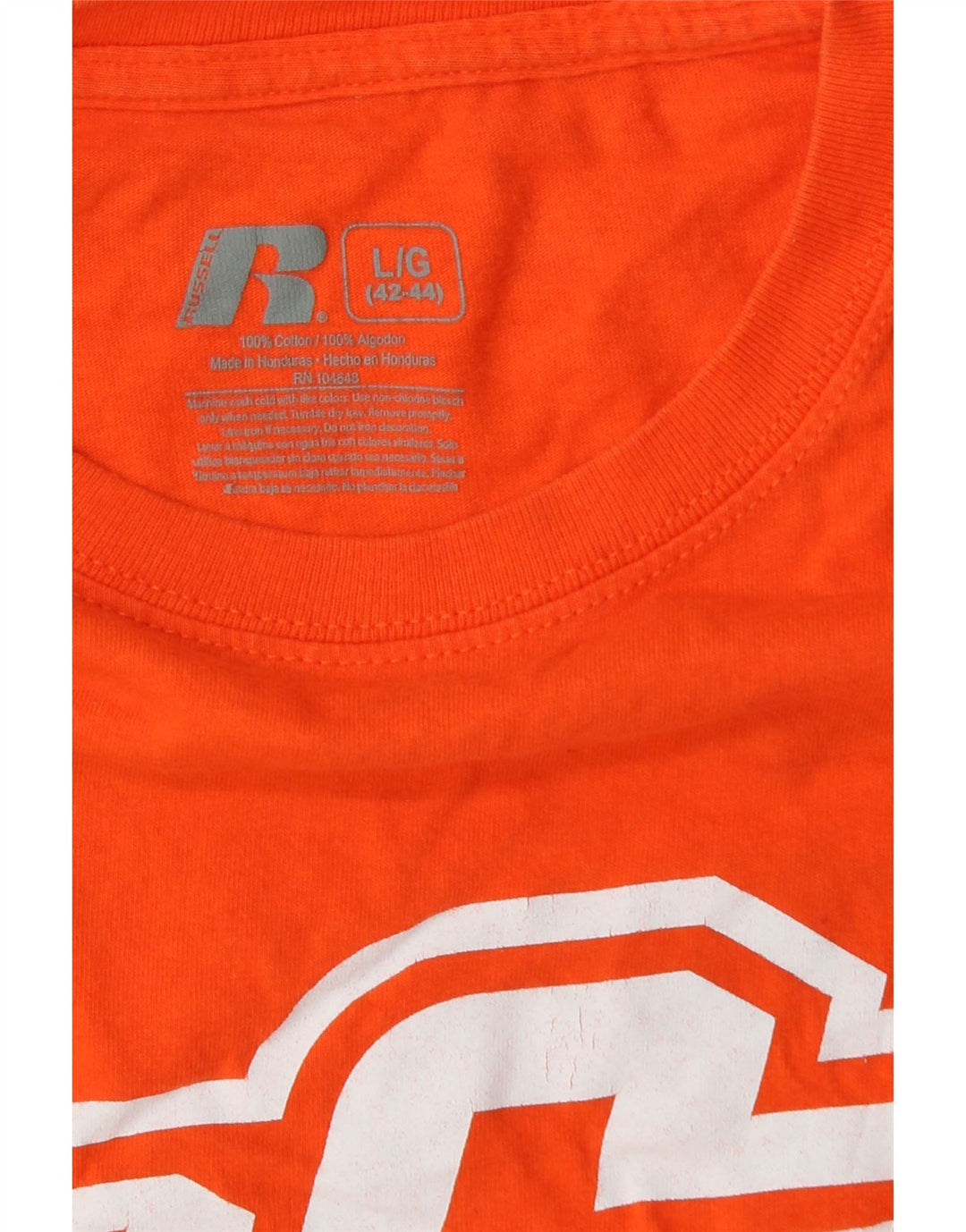 RUSSELL ATHLETIC Mens Graphic T-Shirt Top Large Orange Vintage Russell Athletic and Second-Hand Russell Athletic from Messina Hembry 