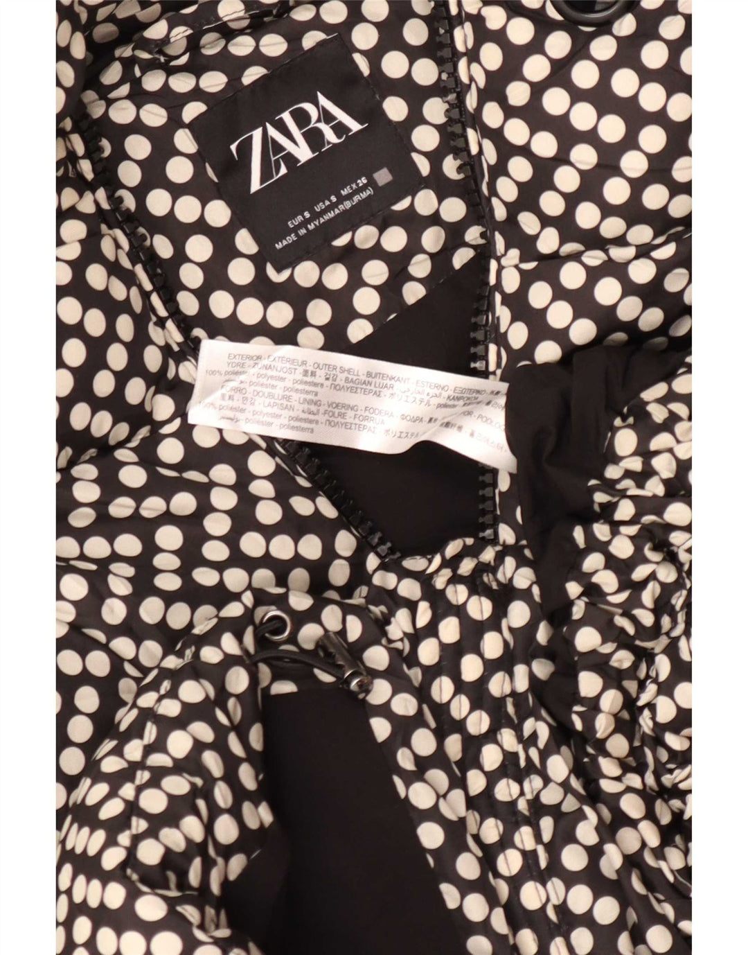 Zara Dame Hætte Oversized Polstret Jakke UK 10 Small Black Polka Dot