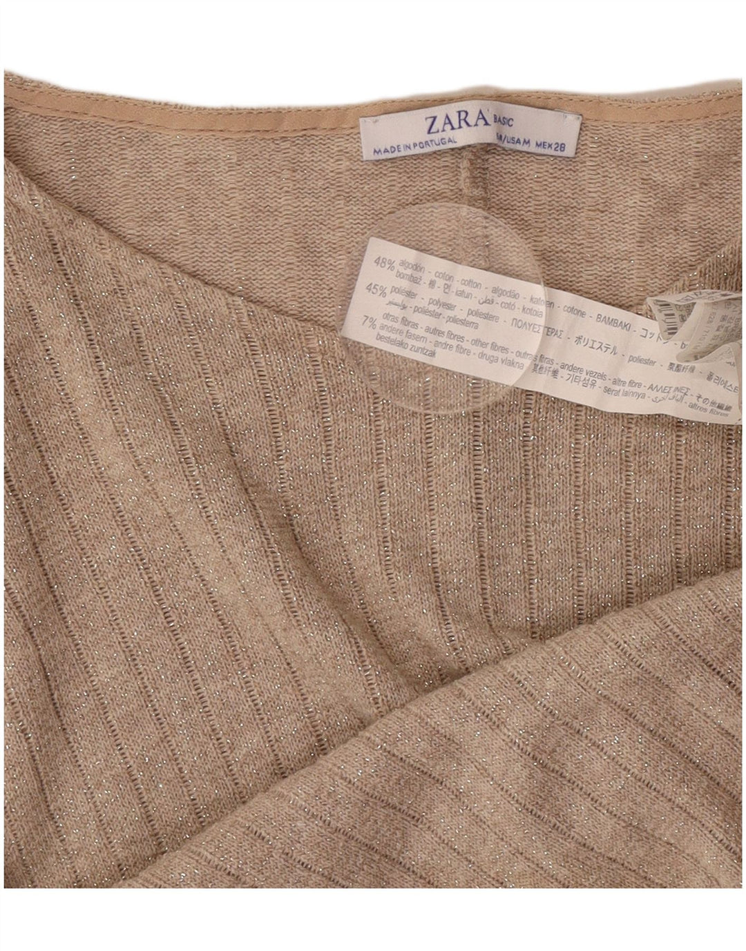 Zara Womens Crop Oversized Top 3/4 ærmer UK 14 Medium Beige Flecked Bomuld