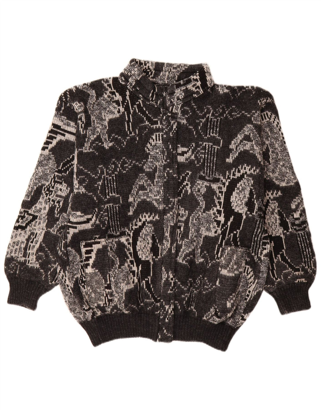 Vintage dame cardigan sweater UK 18 XL sort geometrisk uld