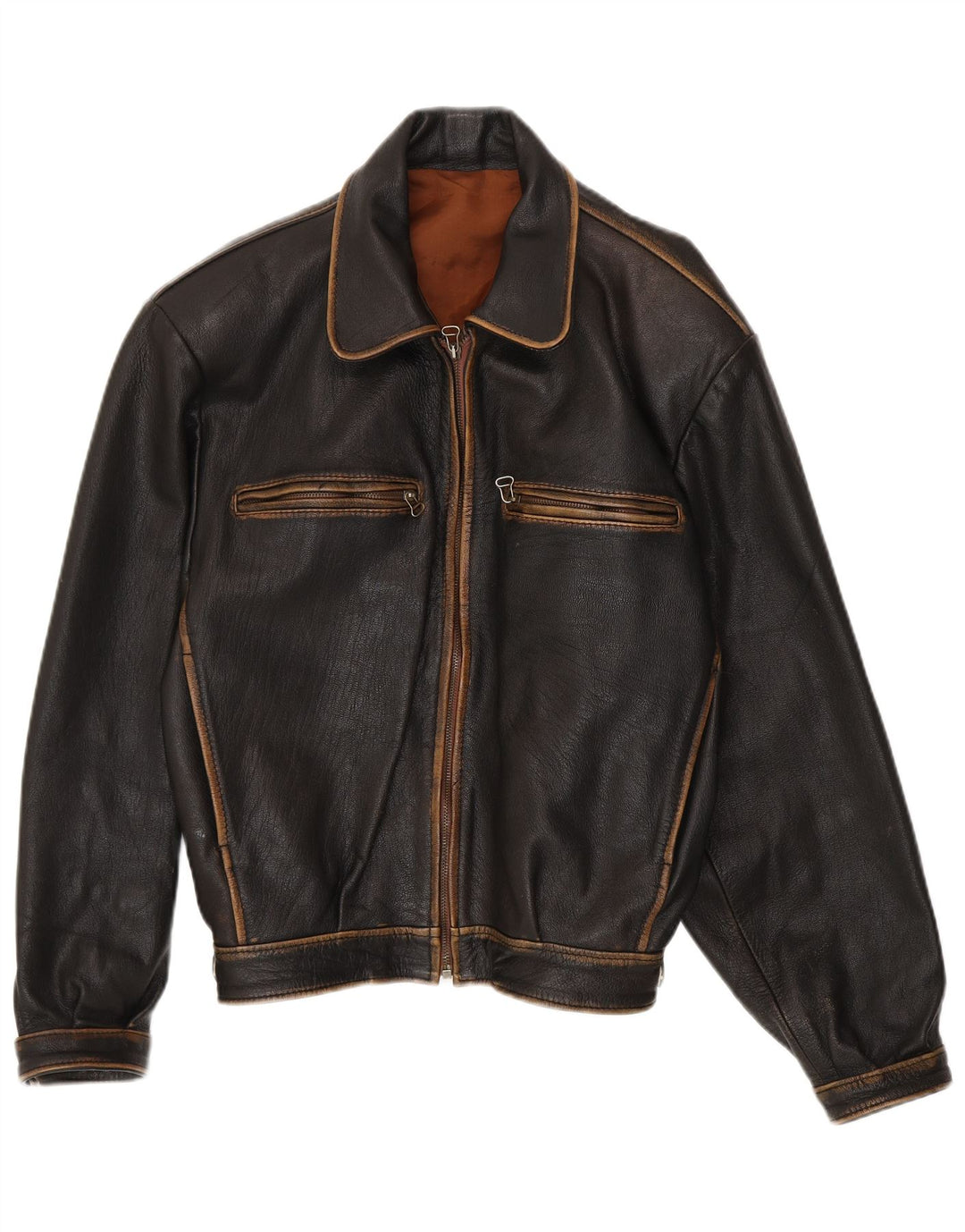 Vintage Herre Loose Fit Bomber Læderjakke UK 38 Medium Sort Læder