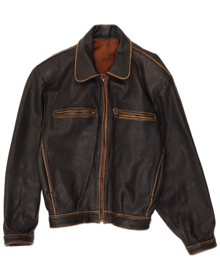 Vintage Herre Loose Fit Bomber Læderjakke UK 38 Medium Sort Læder