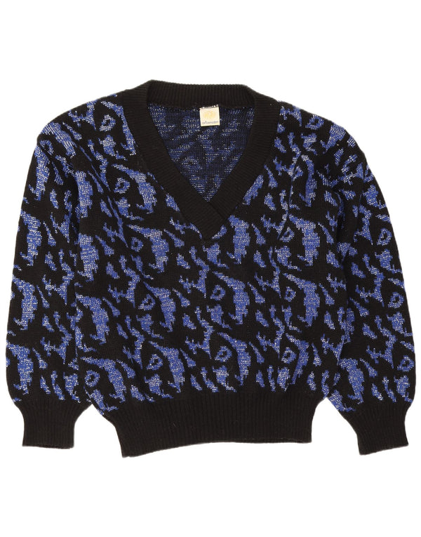 Vintage kvinders abstrakt mønster V-hals sweater UK 16 Large Navy Blue