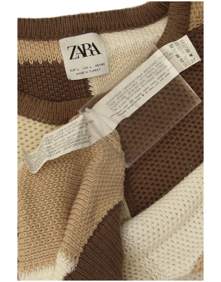 Zara Herre Boat Neck Jumper Sweater Stor flerfarvet geometrisk bomuld