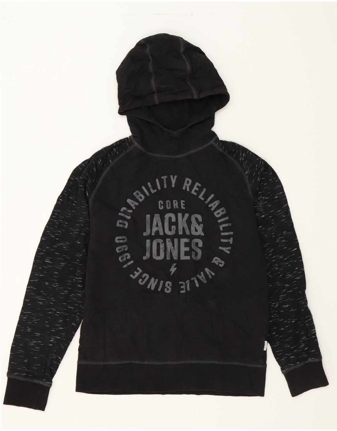JACK & JONES Mens Graphic Hoodie Jumper Medium Black Flecked Cotton Vintage Jack & Jones and Second-Hand Jack & Jones from Messina Hembry 