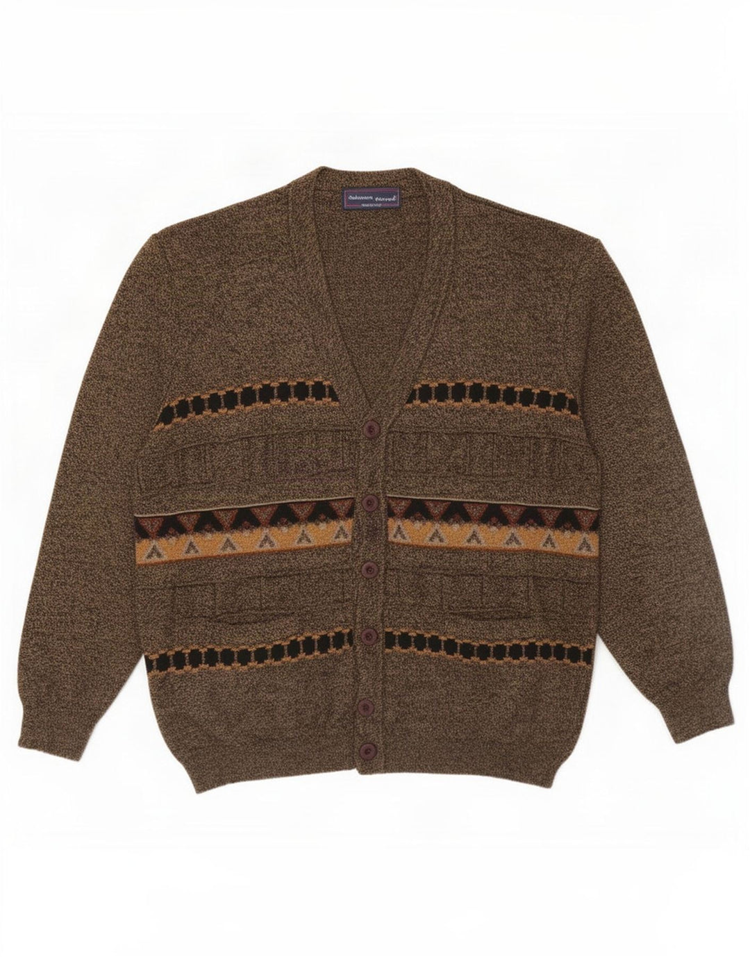 Vintage herre cardigan sweater Stor brun geometrisk uld