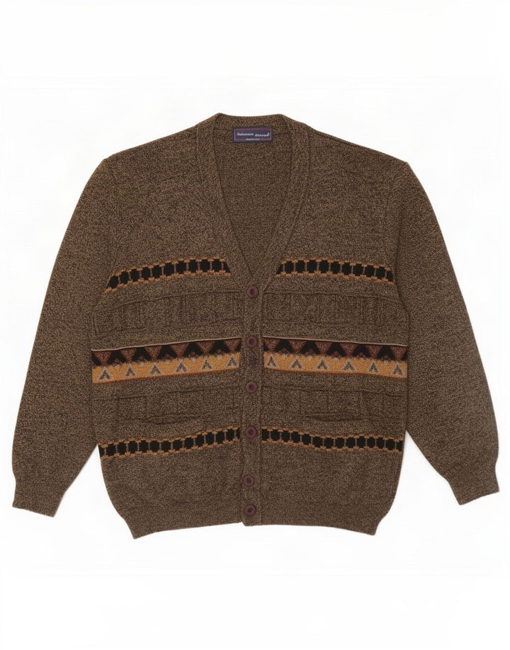 Vintage herre cardigan sweater Stor brun geometrisk uld
