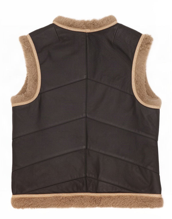 Vintage Dame Open Sherpa Læder Gilet UK 10 Small Black