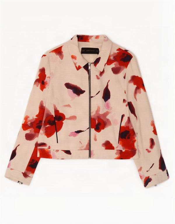 Zara Womens Bomber Jacket UK 18 XL White Floral Cotton