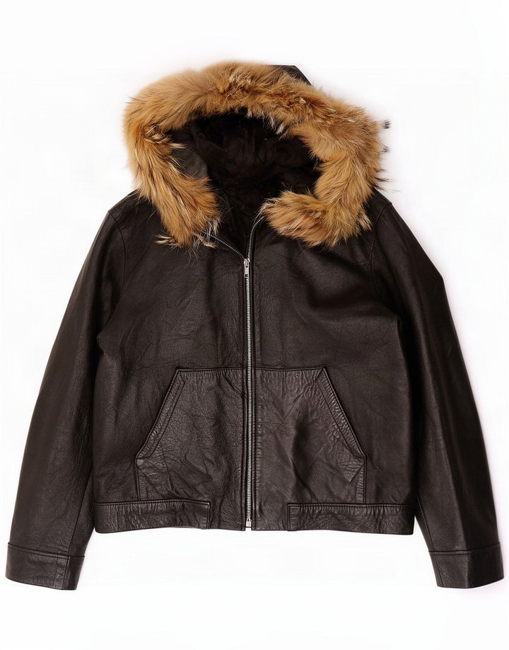 Vintage Dame Hætte Læderjakke UK 14 Large Black
