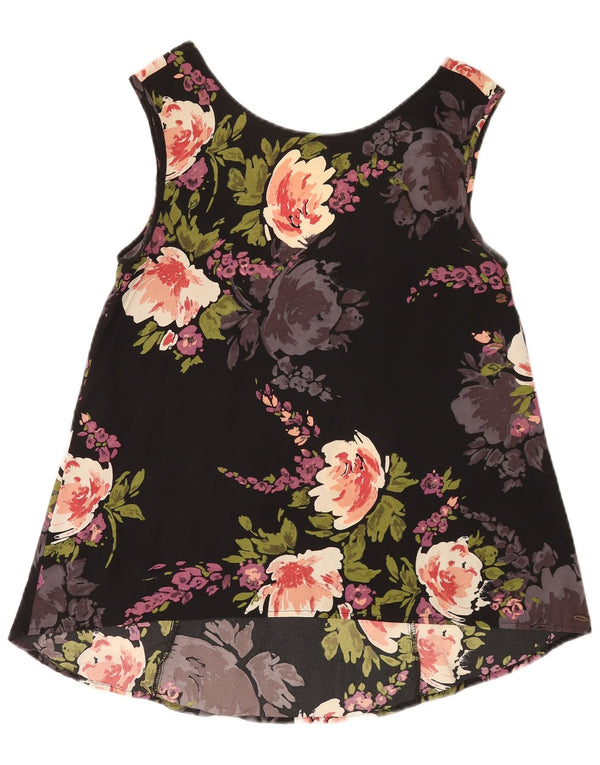 Vintage Womens Crop Ærmeløs bluse Top UK 10 Small Black Floral