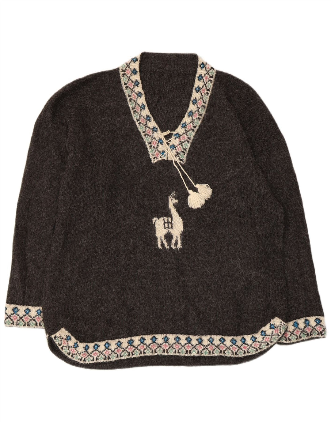 VINTAGE Dame Oversized V-hals sweater UK 18 XL Grey Fair Isle