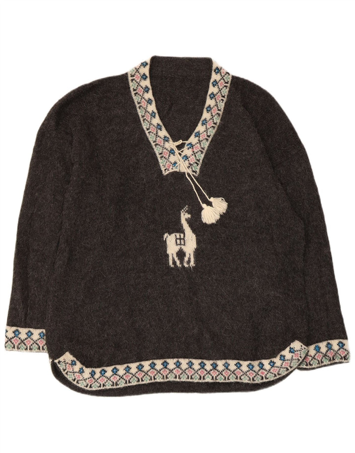 VINTAGE Dame Oversized V-hals sweater UK 18 XL Grey Fair Isle