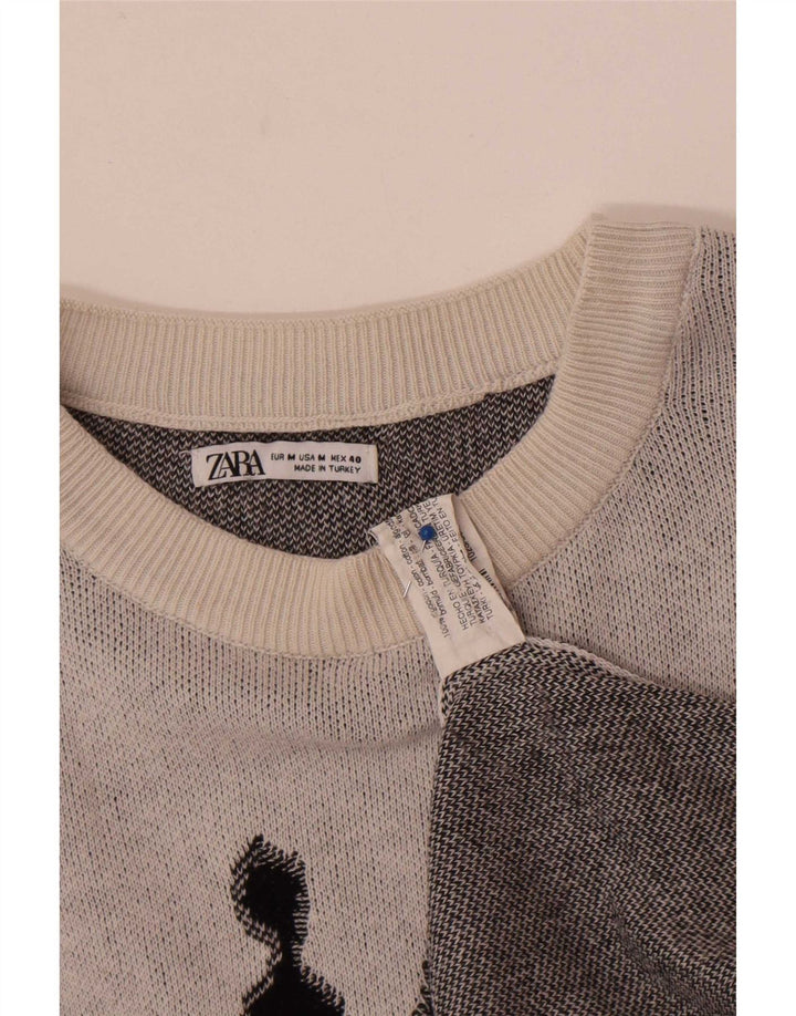 Zara Herre Grafisk Boat Neck Jumper Sweater Medium Grå Bomuld
