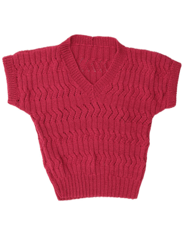 Vintage Dame Kortærmet V-hals Jumper Sweater UK 14 Large Pink