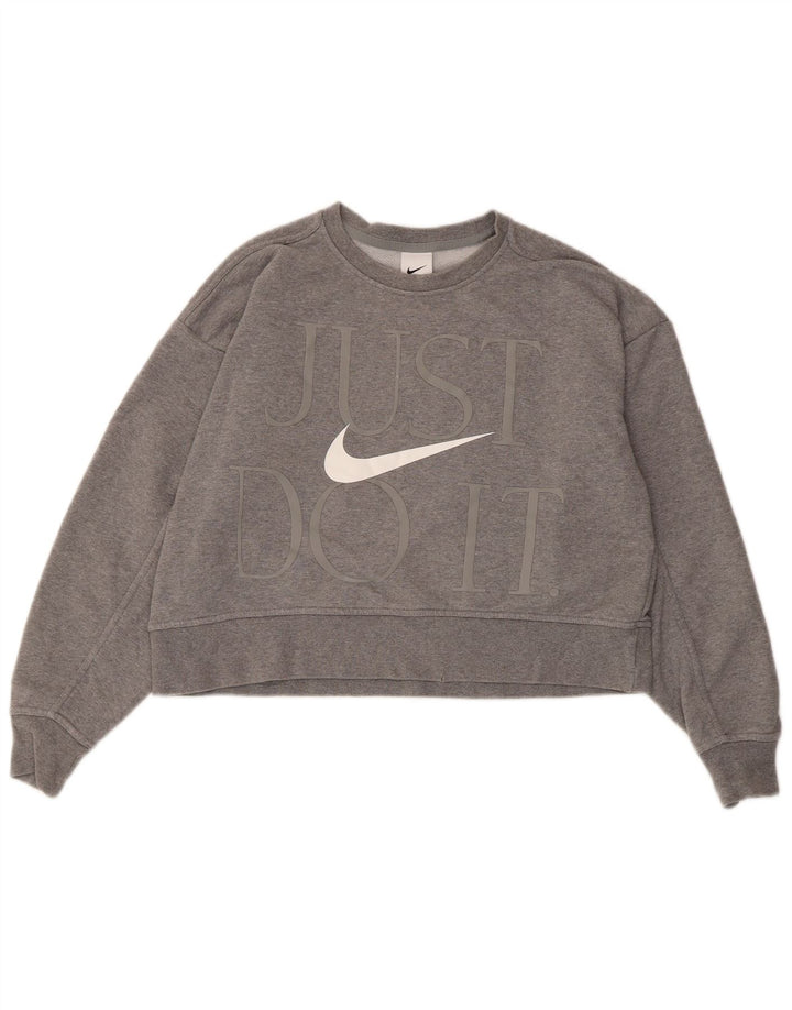 NIKE Dame Dri Fit Oversized grafisk sweatshirt Jumper UK 6 XS Grå