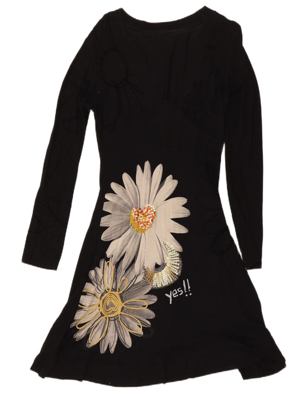 Desigual Kvinders Grafisk Langærmet A-Line Kjole UK 14 Large Black Floral