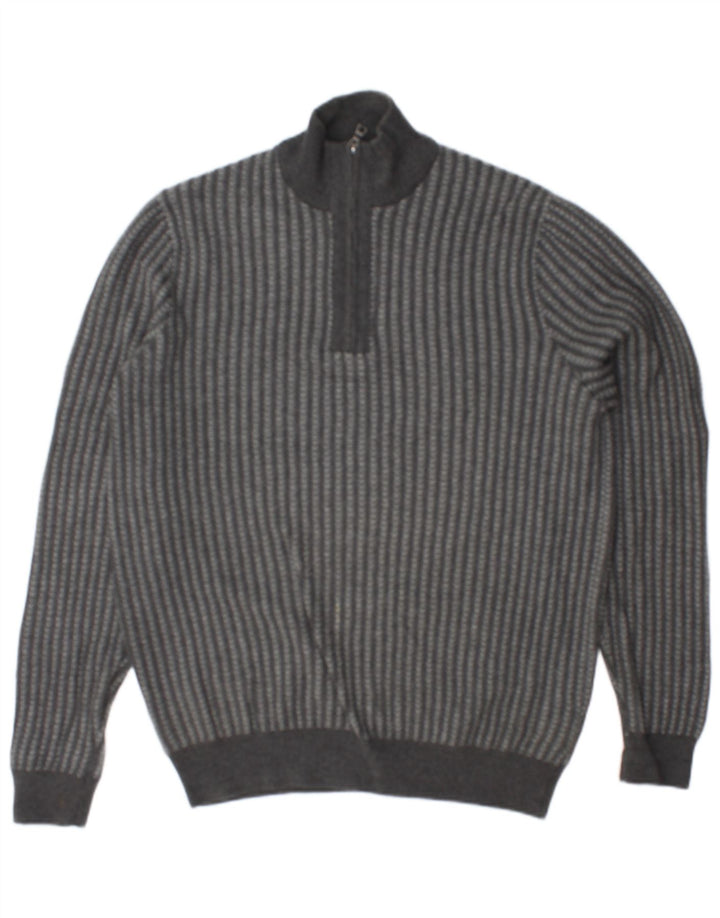 MARKS & SPENCER Herre sweater med lynlåshals mellem grå stribet bomuld