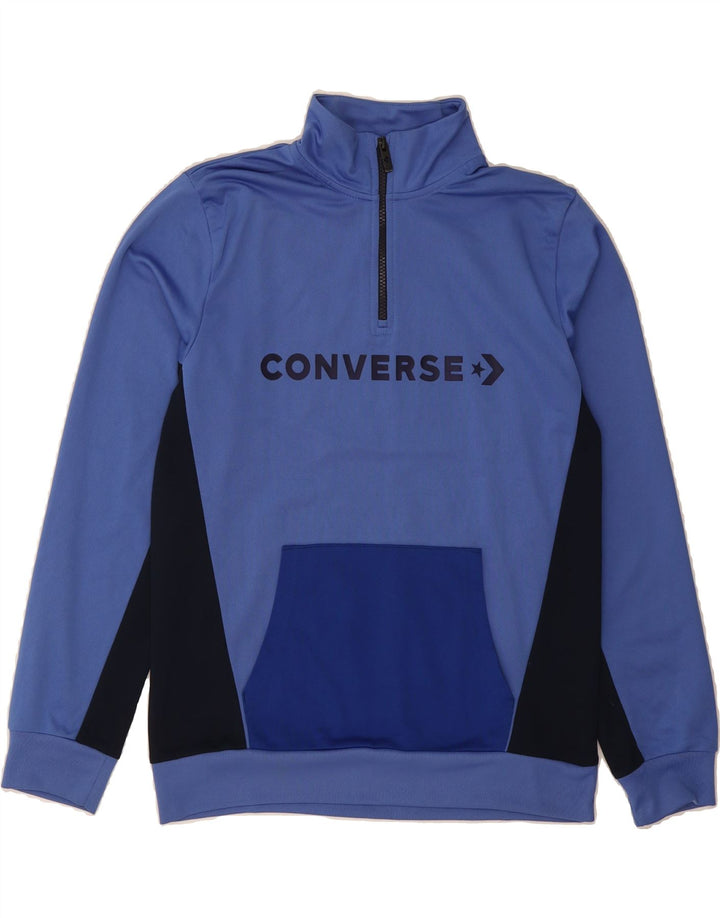CONVERSE Boys Graphic Sweatshirt Jumper 13-14 Years XL Blue Colourblock Vintage Converse and Second-Hand Converse from Messina Hembry 