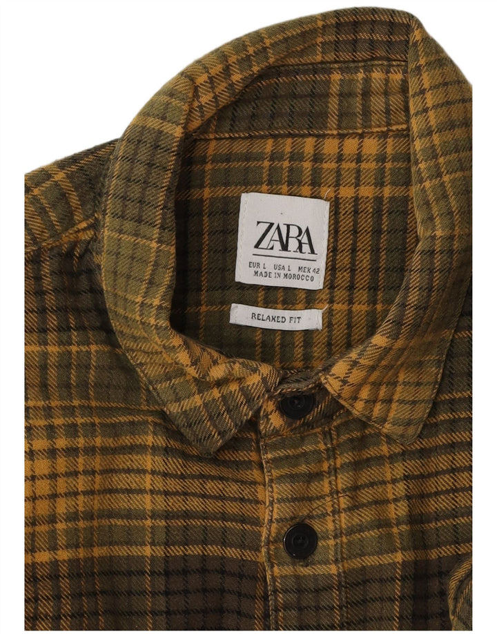 Zara Herre Relaxed Fit Flannel Shirt Large Khaki Check