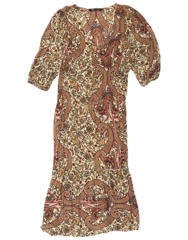 Zara Dame 3/4 ærmet Maxikjole UK 10 Small Multicolored Paisley