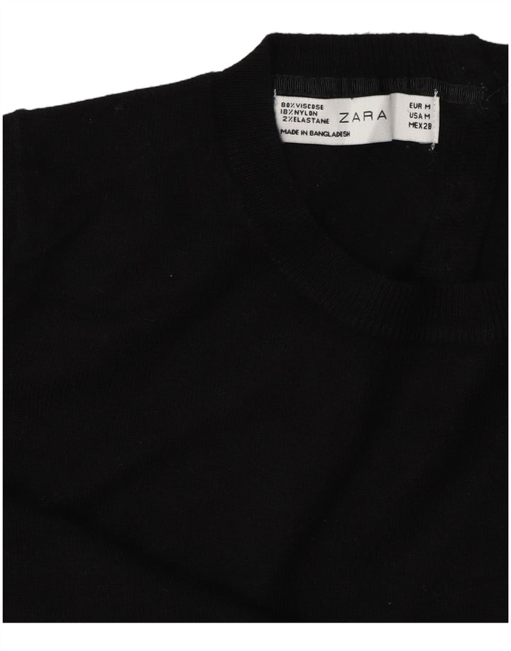Zara Womens Crop Kortærmet Jumper Sweater med rund hals UK 14 Medium Sort