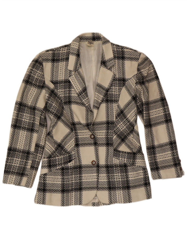 Vintage dame 2-knaps blazerjakke UK 12 Medium Off White Plaid Uld