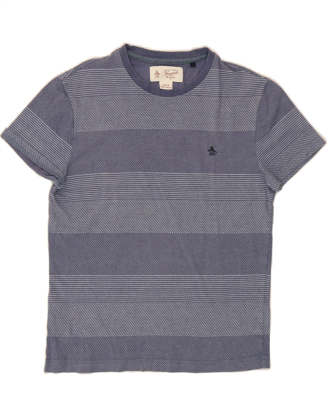 PENGUIN Mens T-Shirt Top Small Blue Striped Vintage Penguin and Second-Hand Penguin from Messina Hembry 