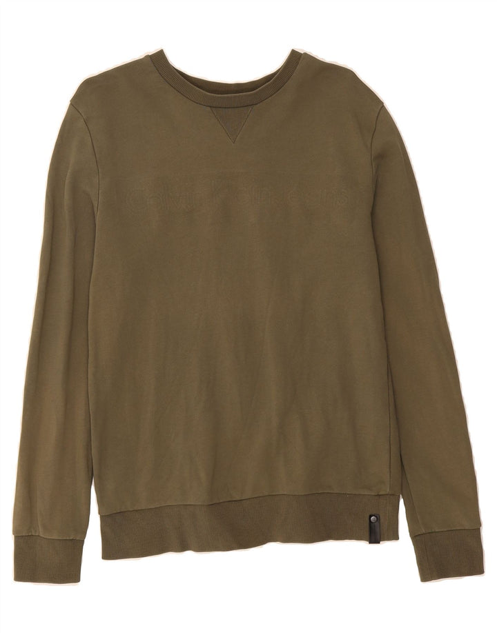 CALVIN KLEIN JEANS Mens Graphic Sweatshirt Jumper Medium Khaki Cotton Vintage Calvin Klein Jeans and Second-Hand Calvin Klein Jeans from Messina Hembry 