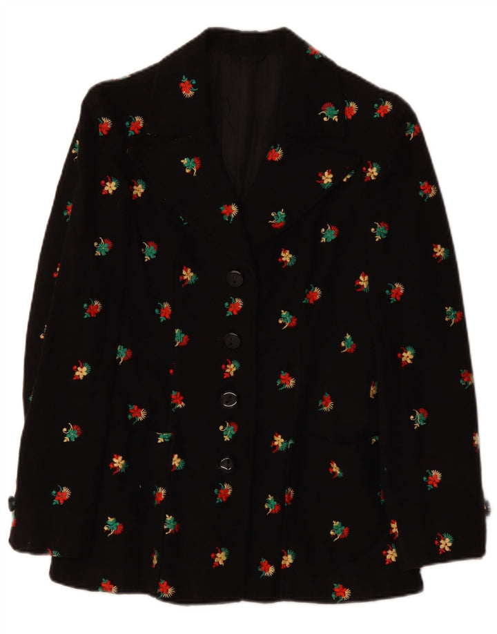 VINTAGE Dame 4-knaps blazerjakke UK 10 Small Black Floral