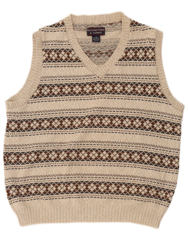 Roundtree & Yorke Herre V-hals sweater Medium Beige Geometrisk Bomuld