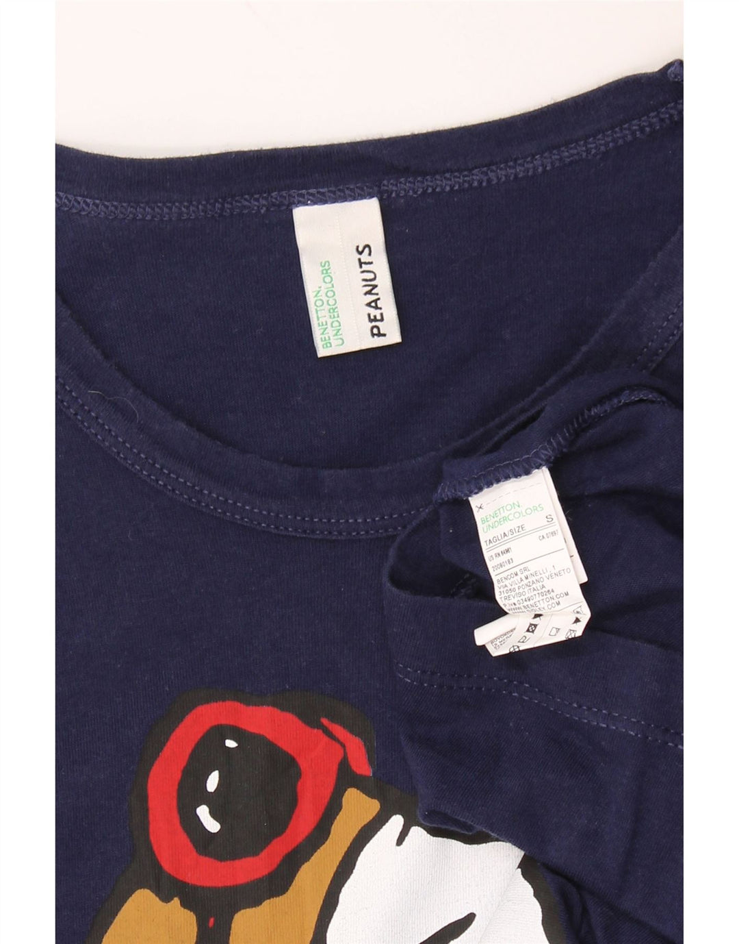 BENETTON Dame Peanuts Grafisk T-Shirt Top UK 10 Small Navy Blue Bomuld