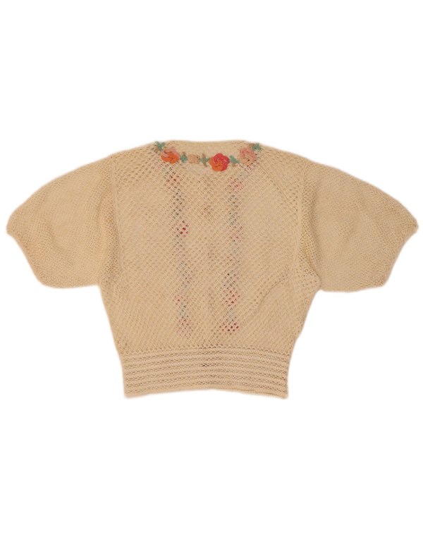 Vintage Kvinders Crop Kortærmet Cardigan Sweater UK 8 Small Beige Floral