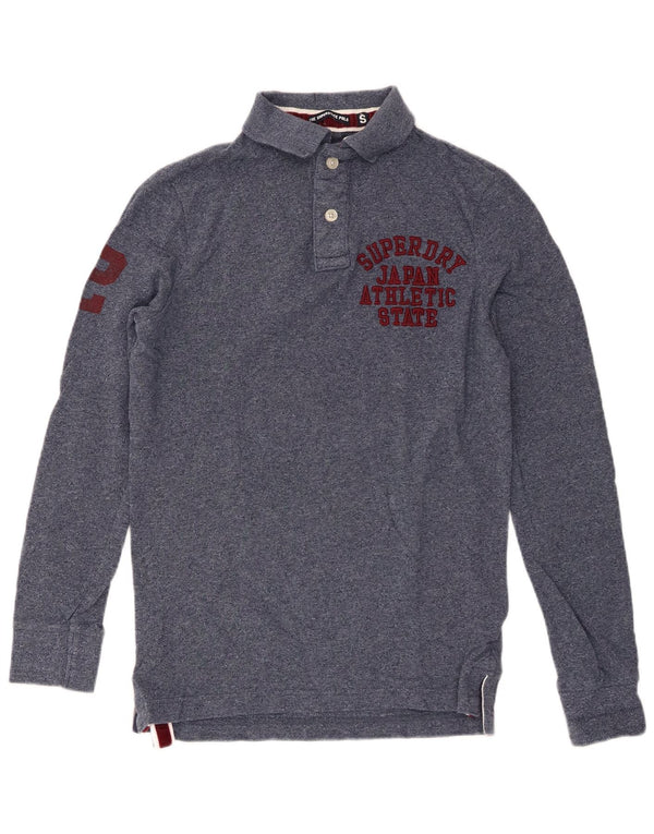 Superdry Grafisk langærmet poloshirt til mænd, lille marineblå flækket bomuld