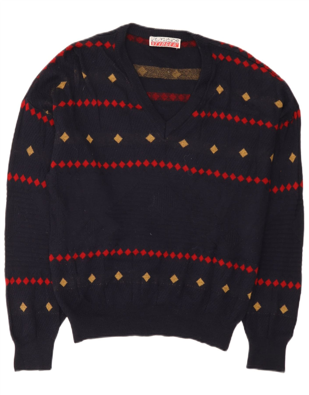 Vintage Herre V-hals sweater EU 38 Small Navy Blue Geometric