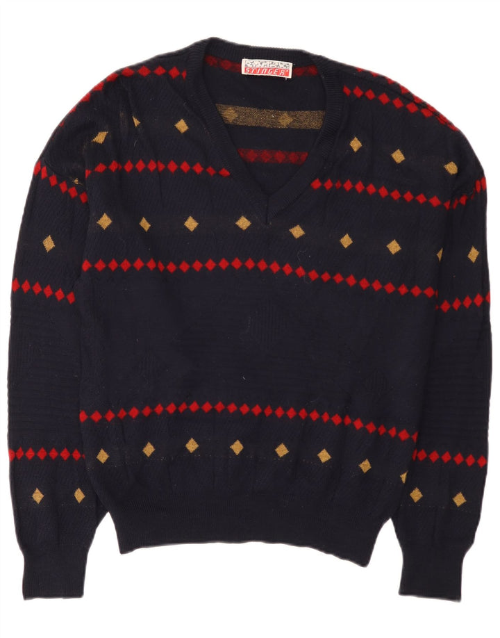 Vintage Herre V-hals sweater EU 38 Small Navy Blue Geometric