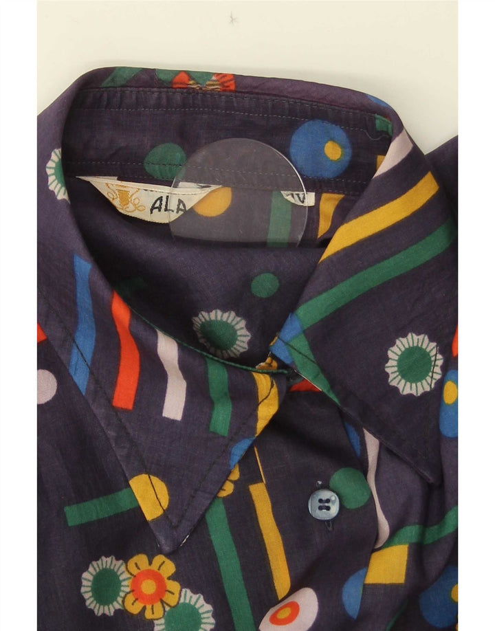Vintage kortærmet skjorte til kvinder UK 14 Medium Navy Blue Geometric