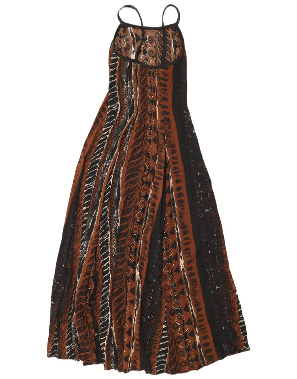 Vintage ærmeløs maxikjole til kvinder UK 12 Medium Brun geometrisk viskose