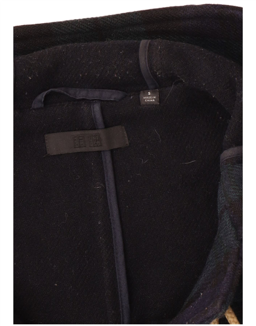 Uniqlo Herre Hooded Duffle Coat UK 36 Small Navy Blue Check