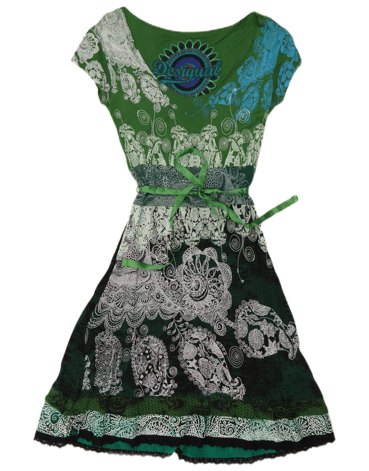 DESIGUAL Dame A-Line Kjole UK 12 Medium Green Paisley Viscose
